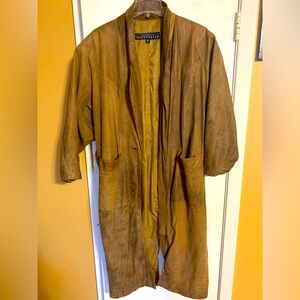 Express Brown Leather Trench Coat w/Gold Satin Interior Lining  Size Adult Small